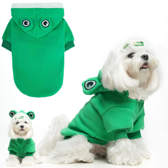 BINGPET Sudadera con Capucha para Perro, Disfraz de Rana Lindo, Ropa de Mascota Cálida de Vellón, Abrigo de Invierno con Capucha para Cachorros y Gatitos, Adecuado para Bulldog Francés, Chihuahua y Boston Terrier (Rana, S)